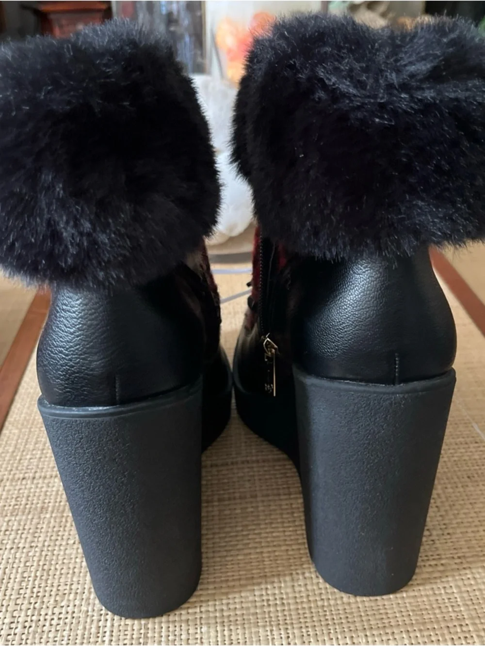 New! Jessica‎ Simpson MYINA Red Plaid Faux-Fur Trim Lace-Up Winter Boots
